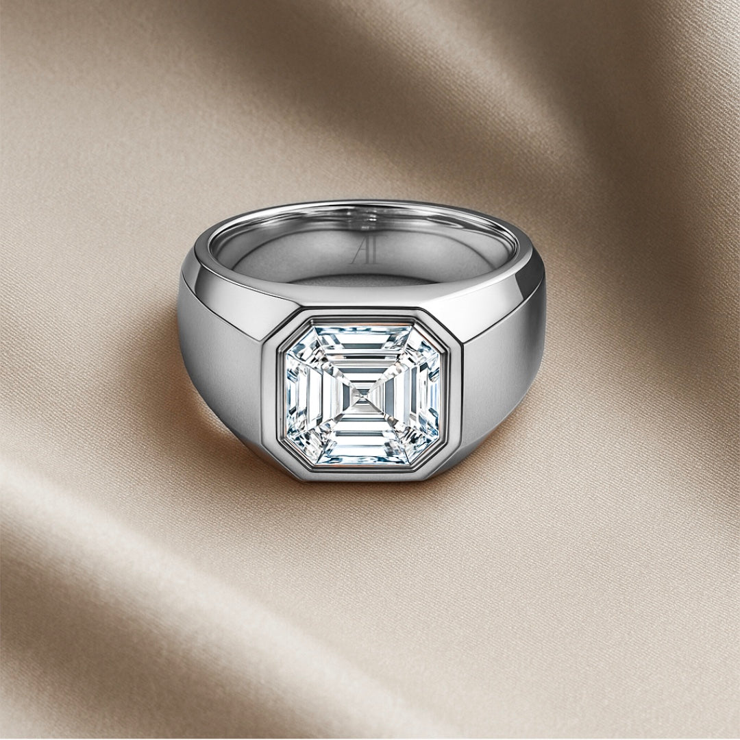 MENS SOLITAIRE BAND - White gold, asscher cut diamond