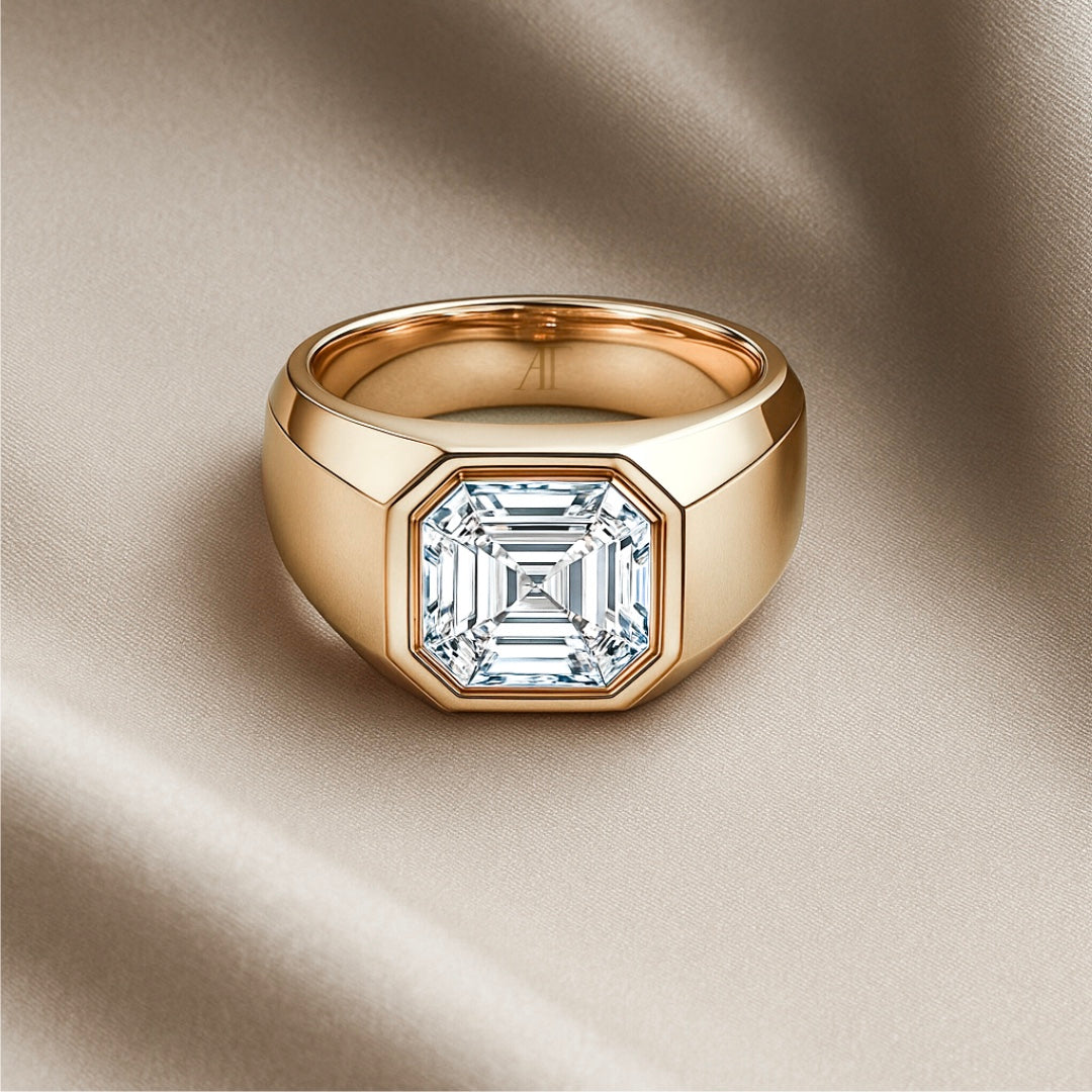 MENS SOLITAIRE BAND - Yellow gold, asscher cut diamond